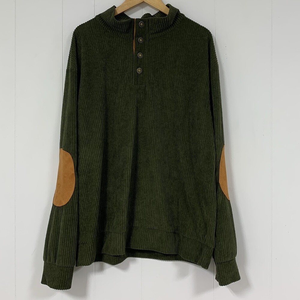 Rayaura Mens L Green Corduroy Pullover Sweatshirt Elbow Patches Buttons